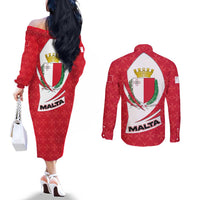 Malta Couples Matching Off The Shoulder Long Sleeve Dress and Long Sleeve Button Shirt with Red White Swirl Design - Wonder Print Shop