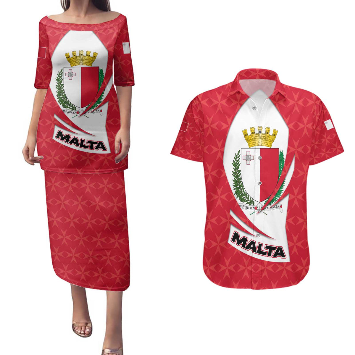 Malta Couples Matching Puletasi and Hawaiian Shirt with Red White Swirl Design - Wonder Print Shop