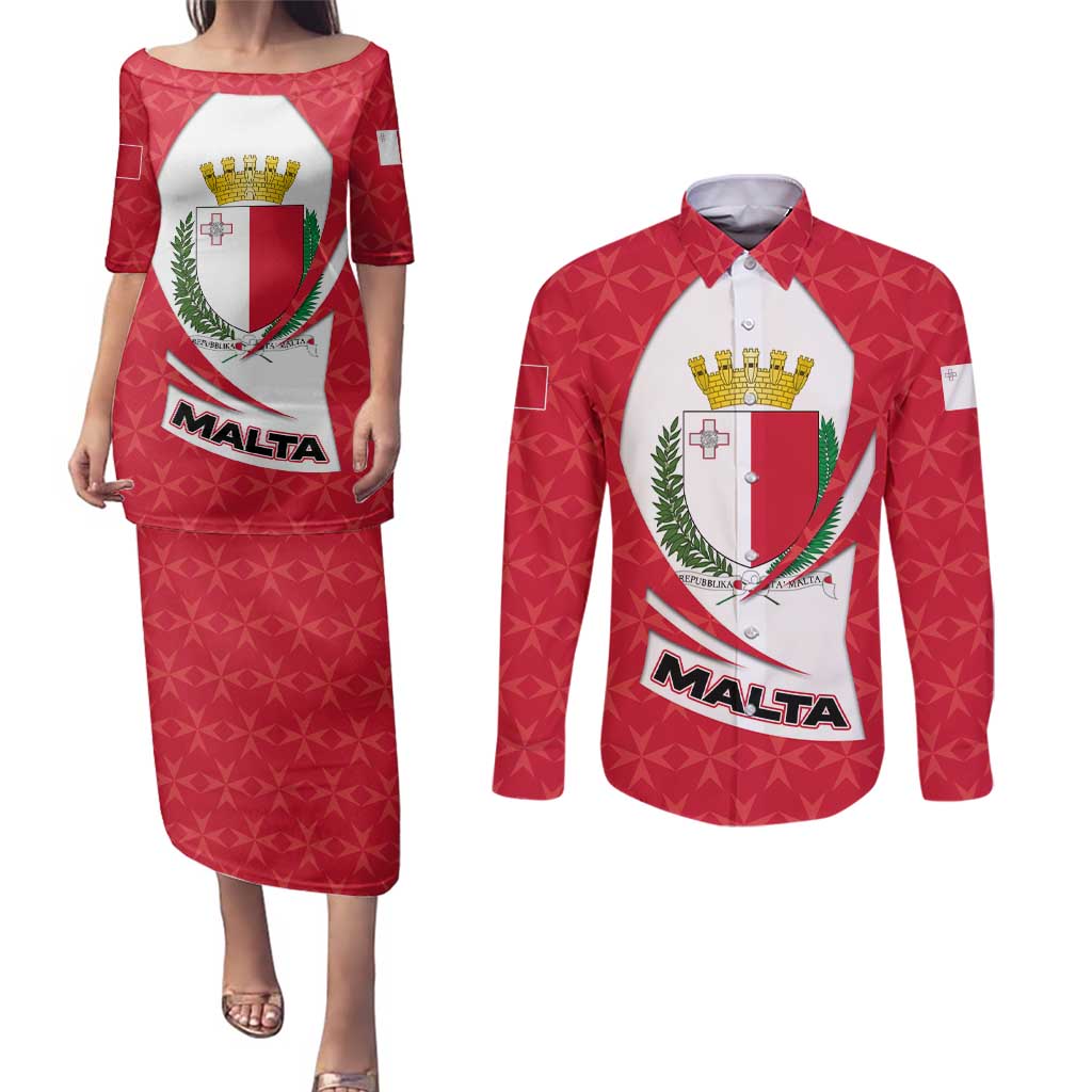 Malta Couples Matching Puletasi and Long Sleeve Button Shirt with Red White Swirl Design - Wonder Print Shop