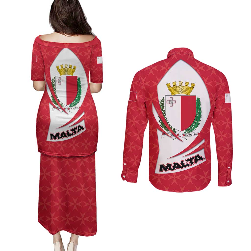 Malta Couples Matching Puletasi and Long Sleeve Button Shirt with Red White Swirl Design - Wonder Print Shop
