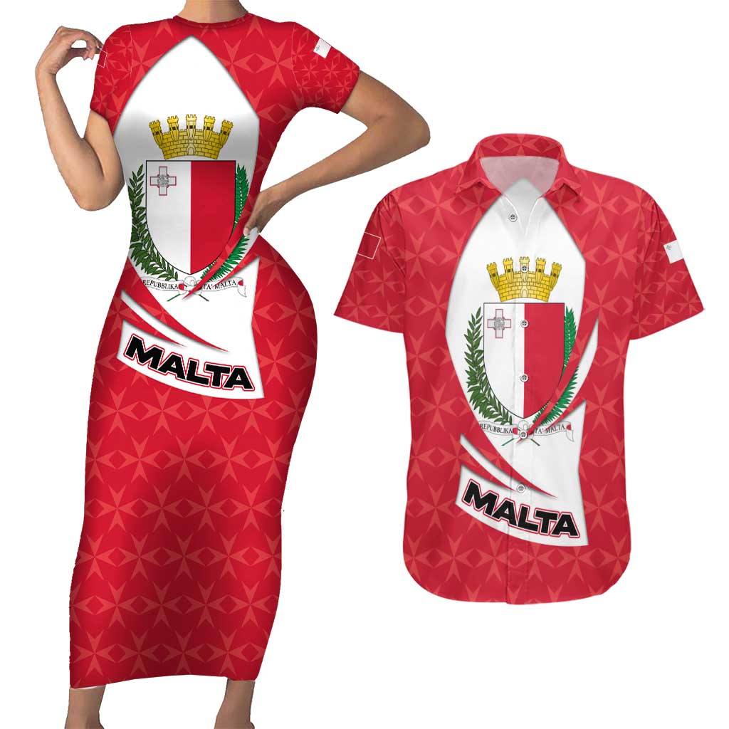 Malta Couples Matching Short Sleeve Bodycon Dress and Hawaiian Shirt with Red White Swirl Design - Wonder Print Shop