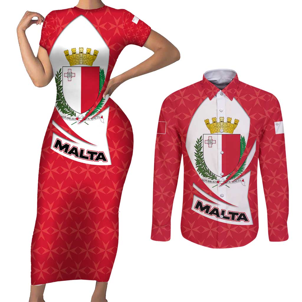 Malta Couples Matching Short Sleeve Bodycon Dress and Long Sleeve Button Shirt with Red White Swirl Design - Wonder Print Shop