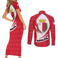 Malta Couples Matching Short Sleeve Bodycon Dress and Long Sleeve Button Shirt with Red White Swirl Design - Wonder Print Shop