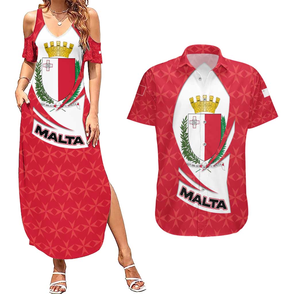 Malta Couples Matching Summer Maxi Dress and Hawaiian Shirt with Red White Swirl Design - Wonder Print Shop