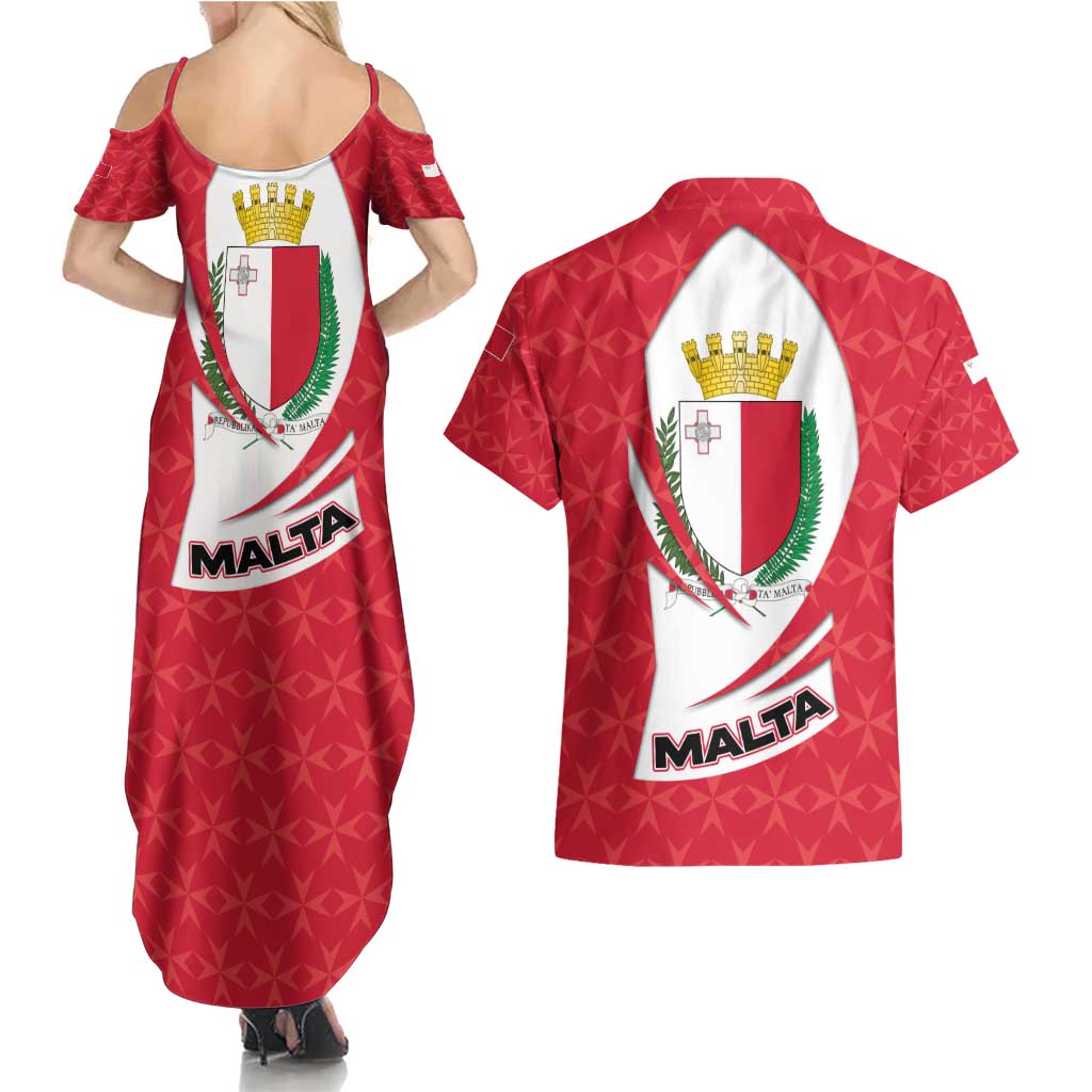 Malta Couples Matching Summer Maxi Dress and Hawaiian Shirt with Red White Swirl Design - Wonder Print Shop