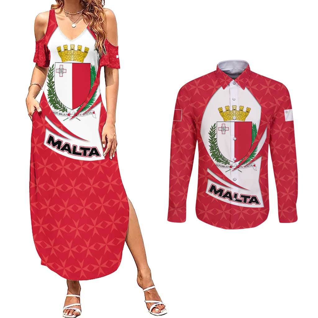 Malta Couples Matching Summer Maxi Dress and Long Sleeve Button Shirt with Red White Swirl Design - Wonder Print Shop