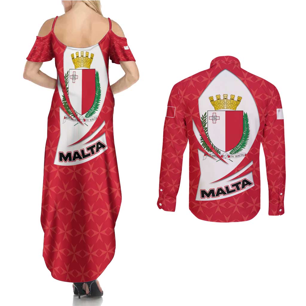 Malta Couples Matching Summer Maxi Dress and Long Sleeve Button Shirt with Red White Swirl Design - Wonder Print Shop
