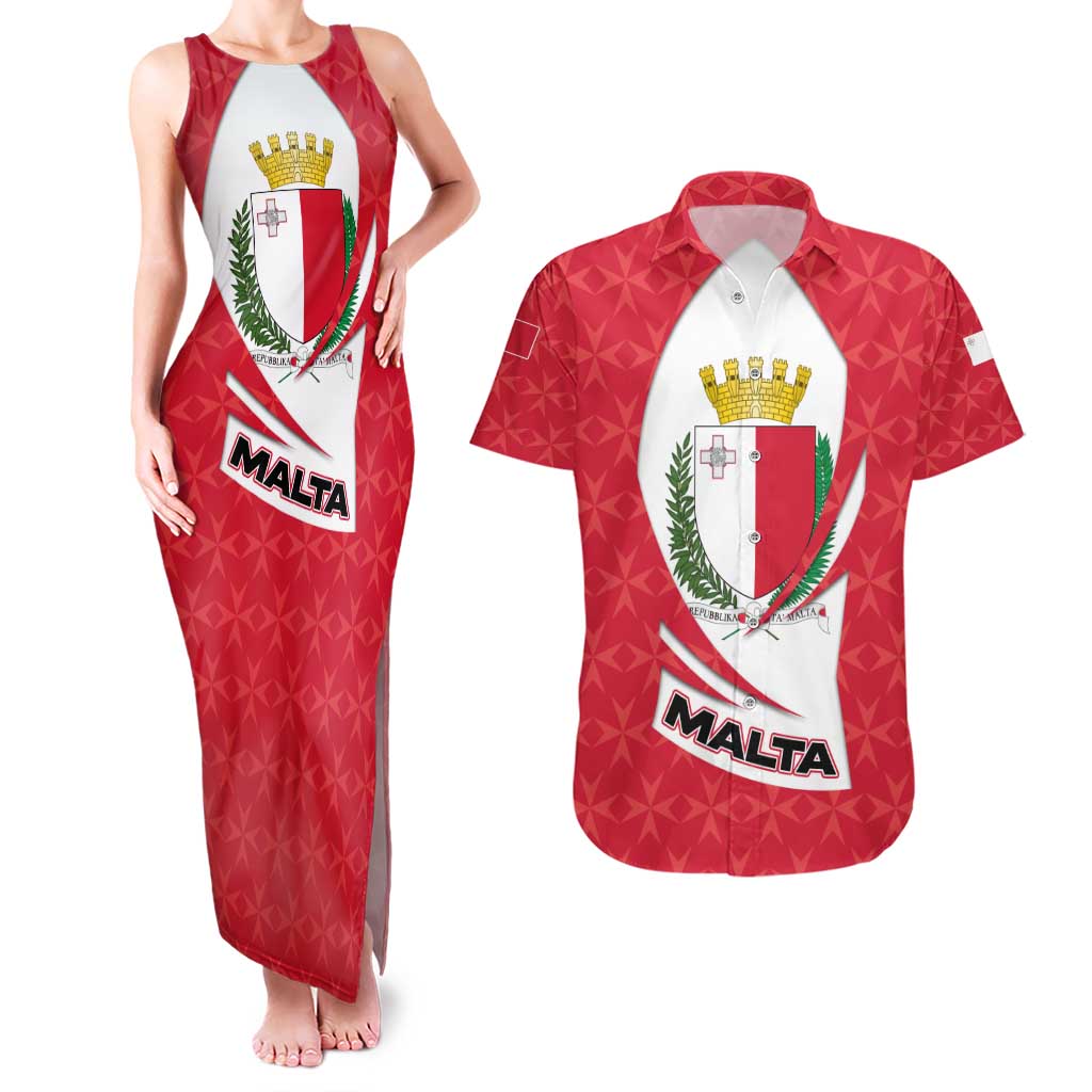 Malta Couples Matching Tank Maxi Dress and Hawaiian Shirt with Red White Swirl Design - Wonder Print Shop
