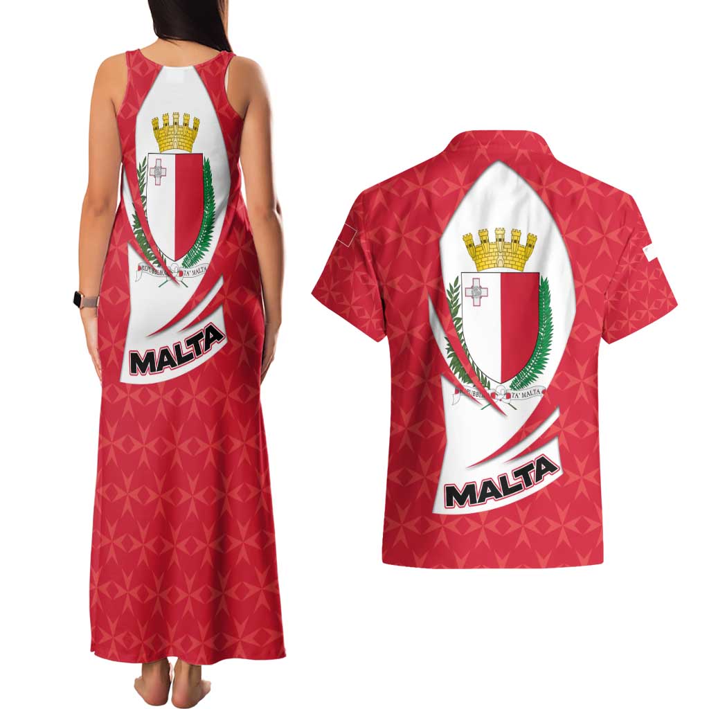 Malta Couples Matching Tank Maxi Dress and Hawaiian Shirt with Red White Swirl Design - Wonder Print Shop