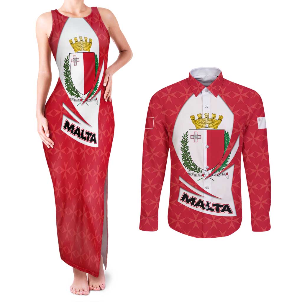 Malta Couples Matching Tank Maxi Dress and Long Sleeve Button Shirt with Red White Swirl Design - Wonder Print Shop