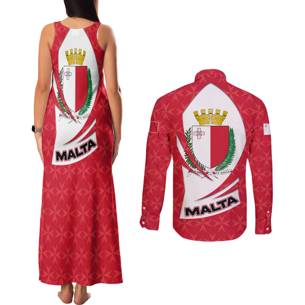 Malta Couples Matching Tank Maxi Dress and Long Sleeve Button Shirt with Red White Swirl Design - Wonder Print Shop
