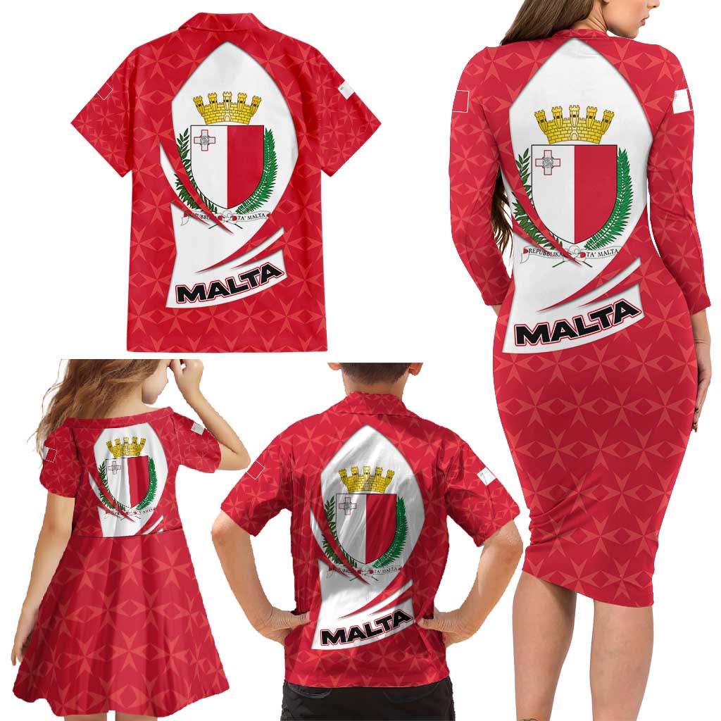 Malta Family Matching Long Sleeve Bodycon Dress and Hawaiian Shirt with Red White Swirl Design - Wonder Print Shop
