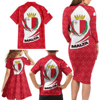 Malta Family Matching Long Sleeve Bodycon Dress and Hawaiian Shirt with Red White Swirl Design - Wonder Print Shop