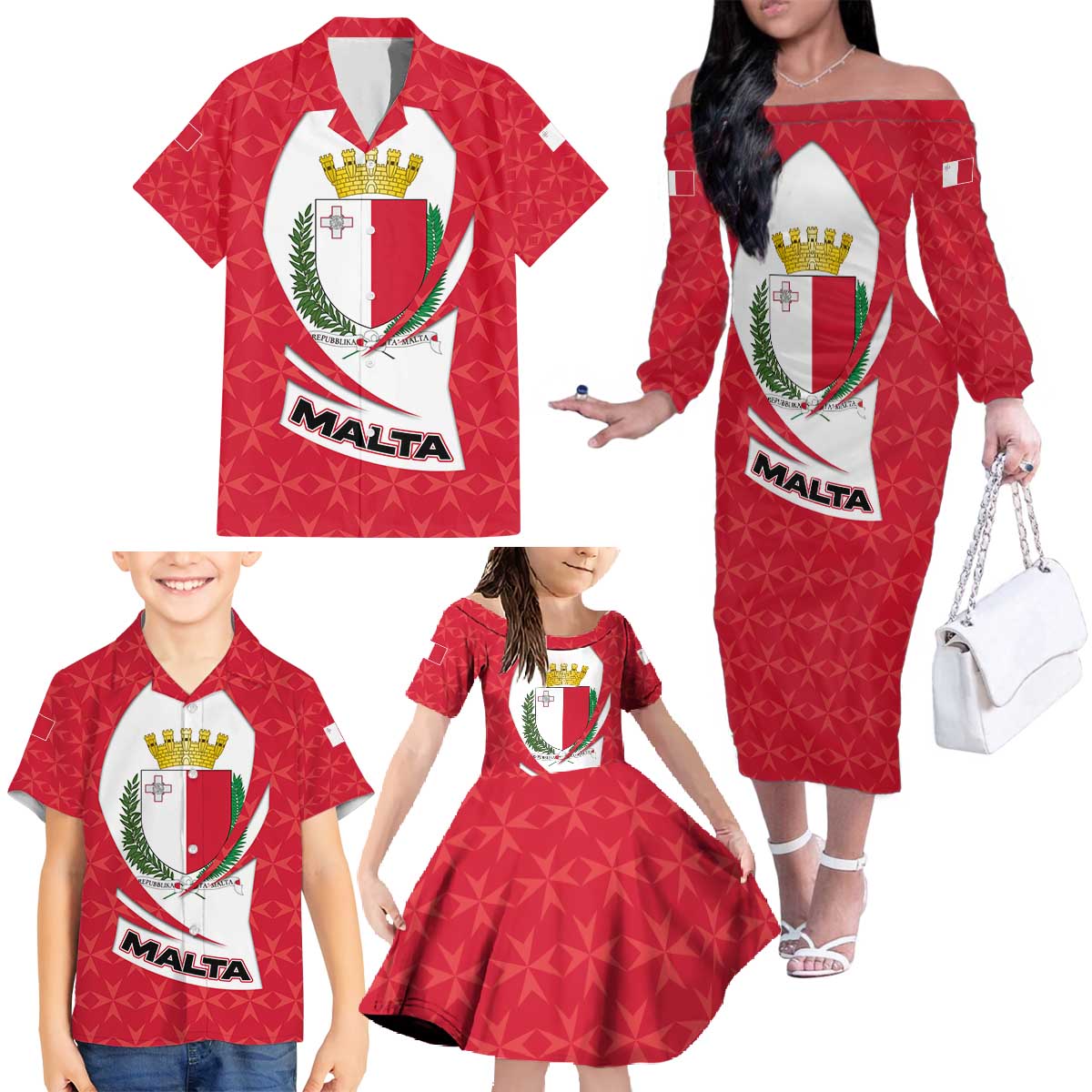 Malta Family Matching Off The Shoulder Long Sleeve Dress and Hawaiian Shirt with Red White Swirl Design - Wonder Print Shop