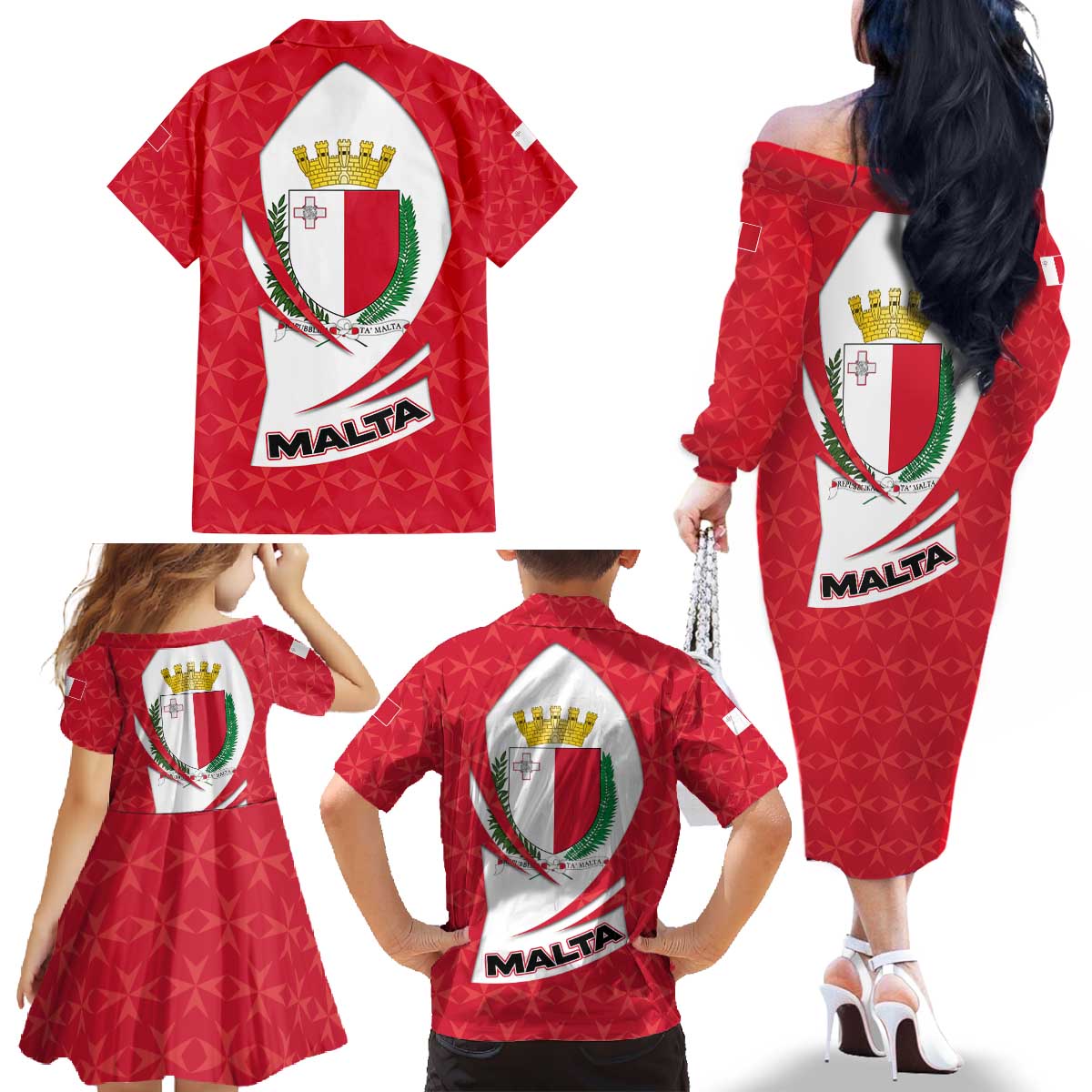 Malta Family Matching Off The Shoulder Long Sleeve Dress and Hawaiian Shirt with Red White Swirl Design - Wonder Print Shop
