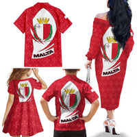 Malta Family Matching Off The Shoulder Long Sleeve Dress and Hawaiian Shirt with Red White Swirl Design - Wonder Print Shop