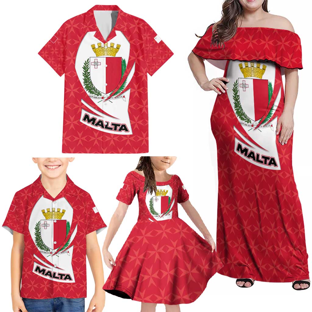 Malta Family Matching Off Shoulder Maxi Dress and Hawaiian Shirt with Red White Swirl Design - Wonder Print Shop