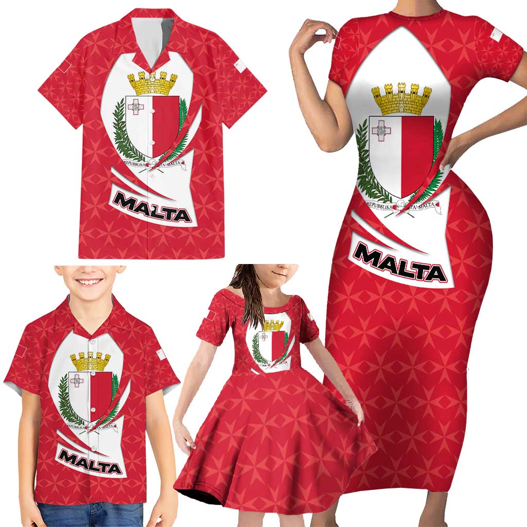 Malta Family Matching Short Sleeve Bodycon Dress and Hawaiian Shirt with Red White Swirl Design - Wonder Print Shop