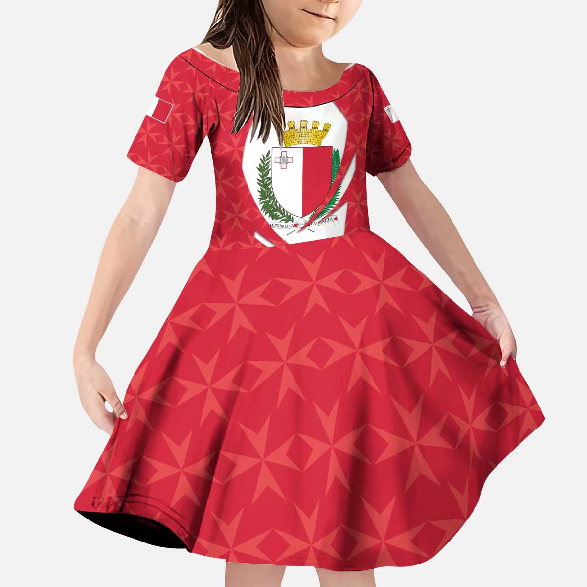 Malta Kid Short Sleeve Dress with Red White Swirl Design - Wonder Print Shop
