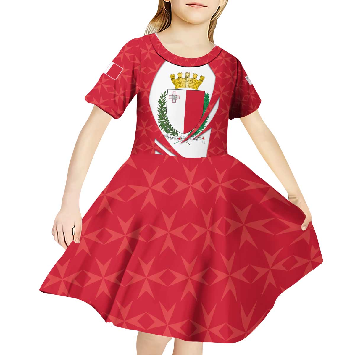 Malta Kid Short Sleeve Dress with Red White Swirl Design - Wonder Print Shop