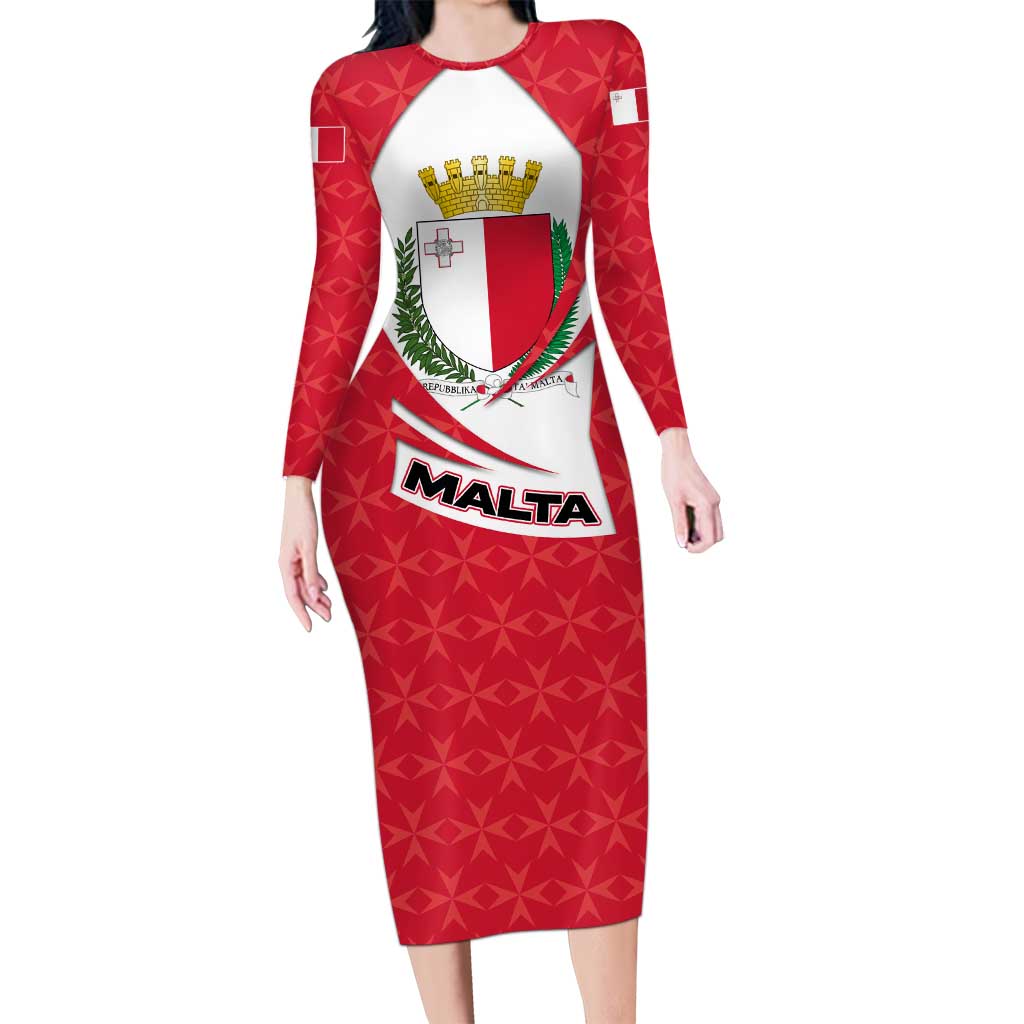Malta Long Sleeve Bodycon Dress with Red White Swirl Design - Wonder Print Shop