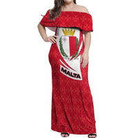 Malta Off Shoulder Maxi Dress with Red White Swirl Design - Wonder Print Shop