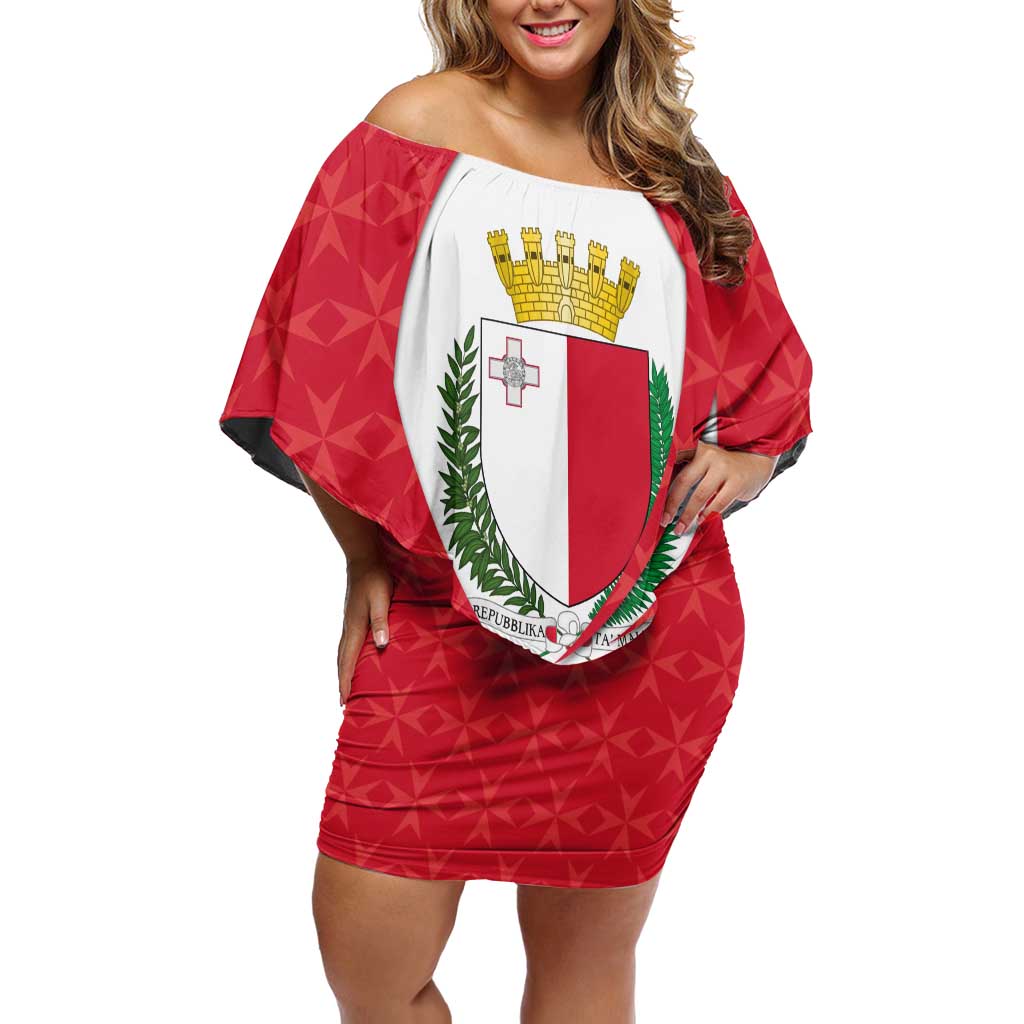 Malta Off Shoulder Short Dress with Red White Swirl Design - Wonder Print Shop