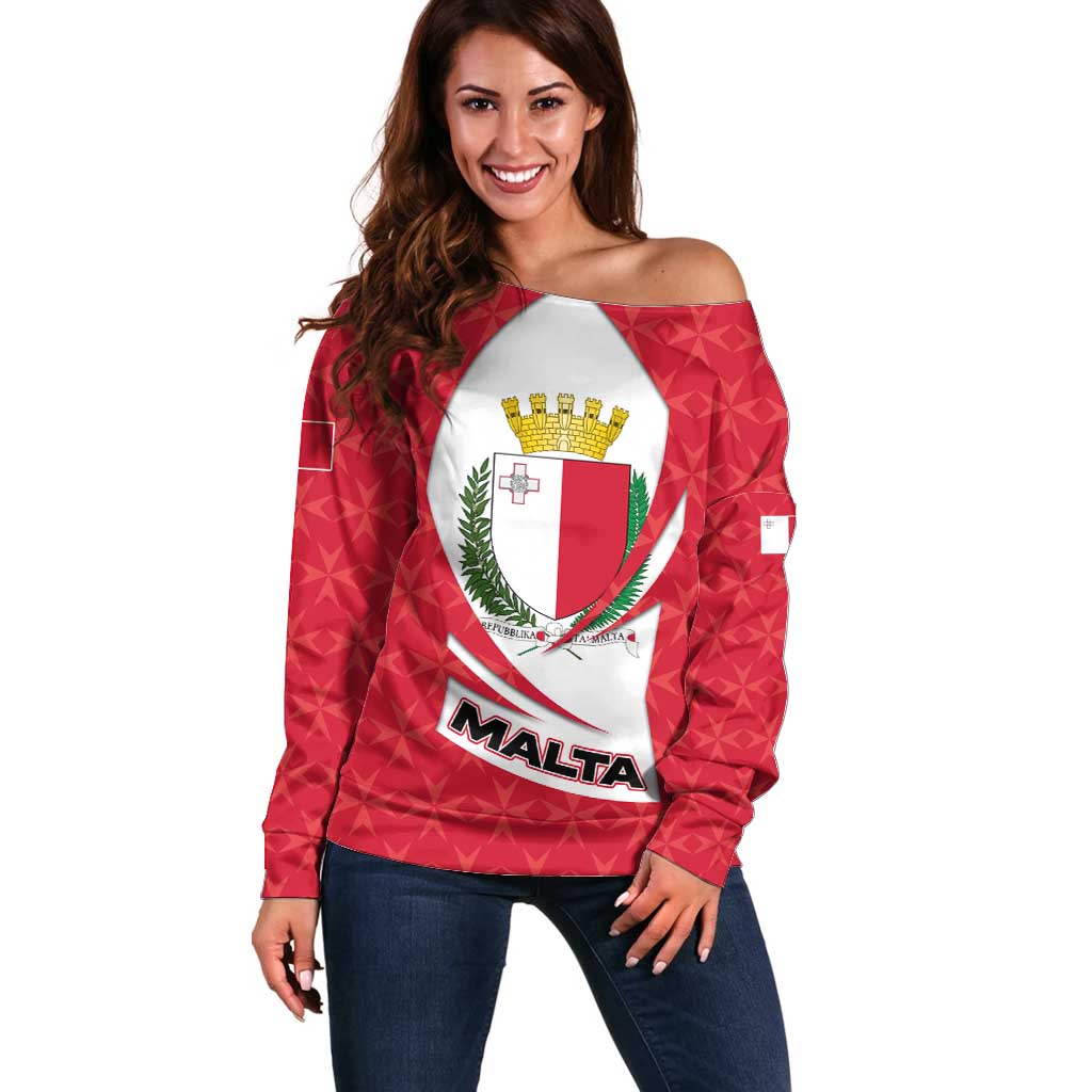 Malta Off Shoulder Sweater with Red White Swirl Design - Wonder Print Shop