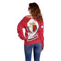 Malta Off Shoulder Sweater with Red White Swirl Design - Wonder Print Shop