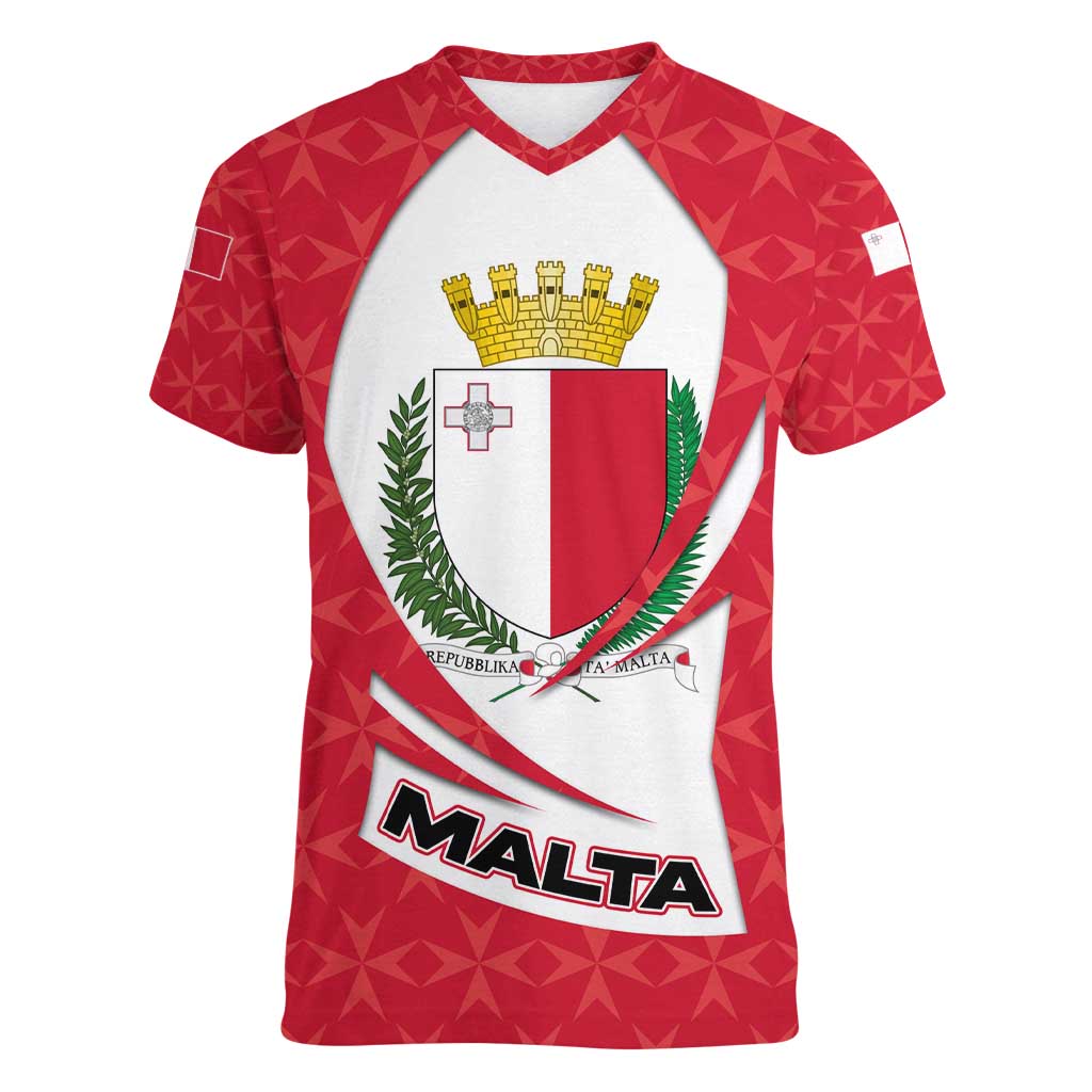 Malta Women V-Neck T-Shirt with Red White Swirl Design - Wonder Print Shop