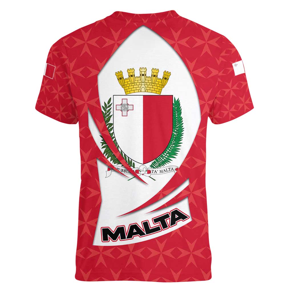 Malta Women V-Neck T-Shirt with Red White Swirl Design - Wonder Print Shop