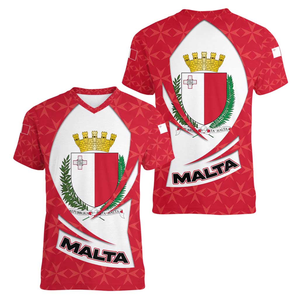 Malta Women V-Neck T-Shirt with Red White Swirl Design - Wonder Print Shop