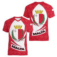 Malta Women V-Neck T-Shirt with Red White Swirl Design - Wonder Print Shop