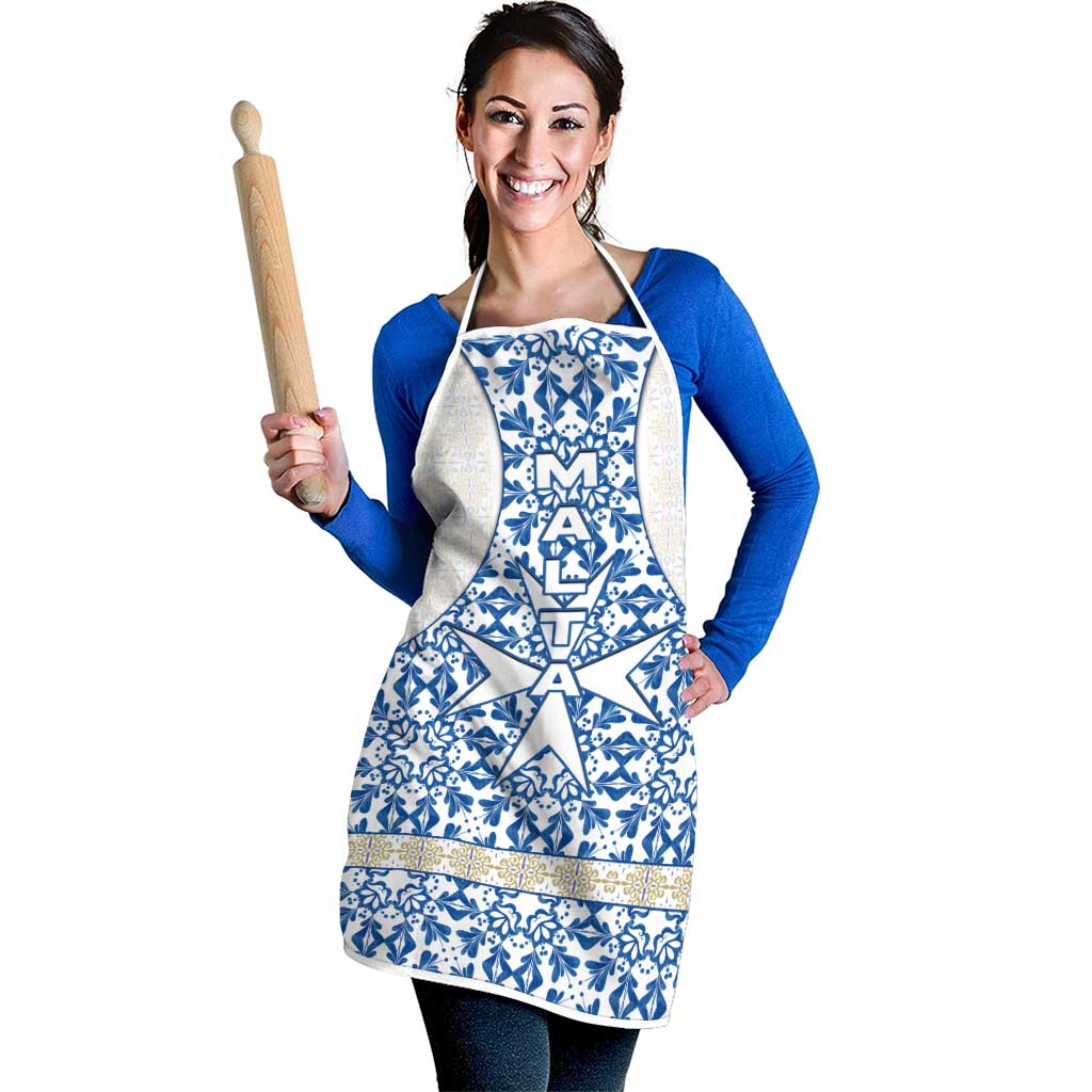Malta Apron with Blue White Tile Design and Maltese Cross Pattern - Wonder Print Shop