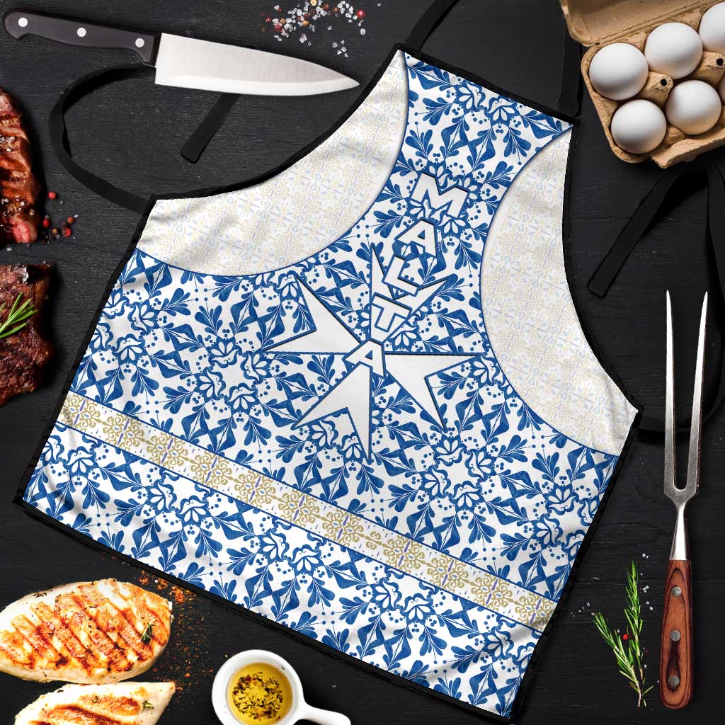 Malta Apron with Blue White Tile Design and Maltese Cross Pattern - Wonder Print Shop