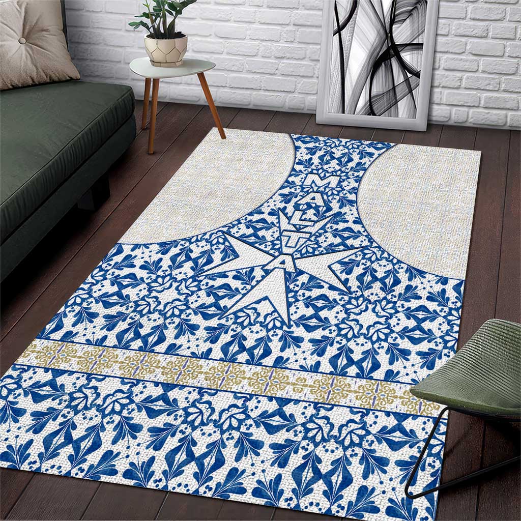 Malta Area Rug with Blue White Tile Design and Maltese Cross Pattern - Wonder Print Shop