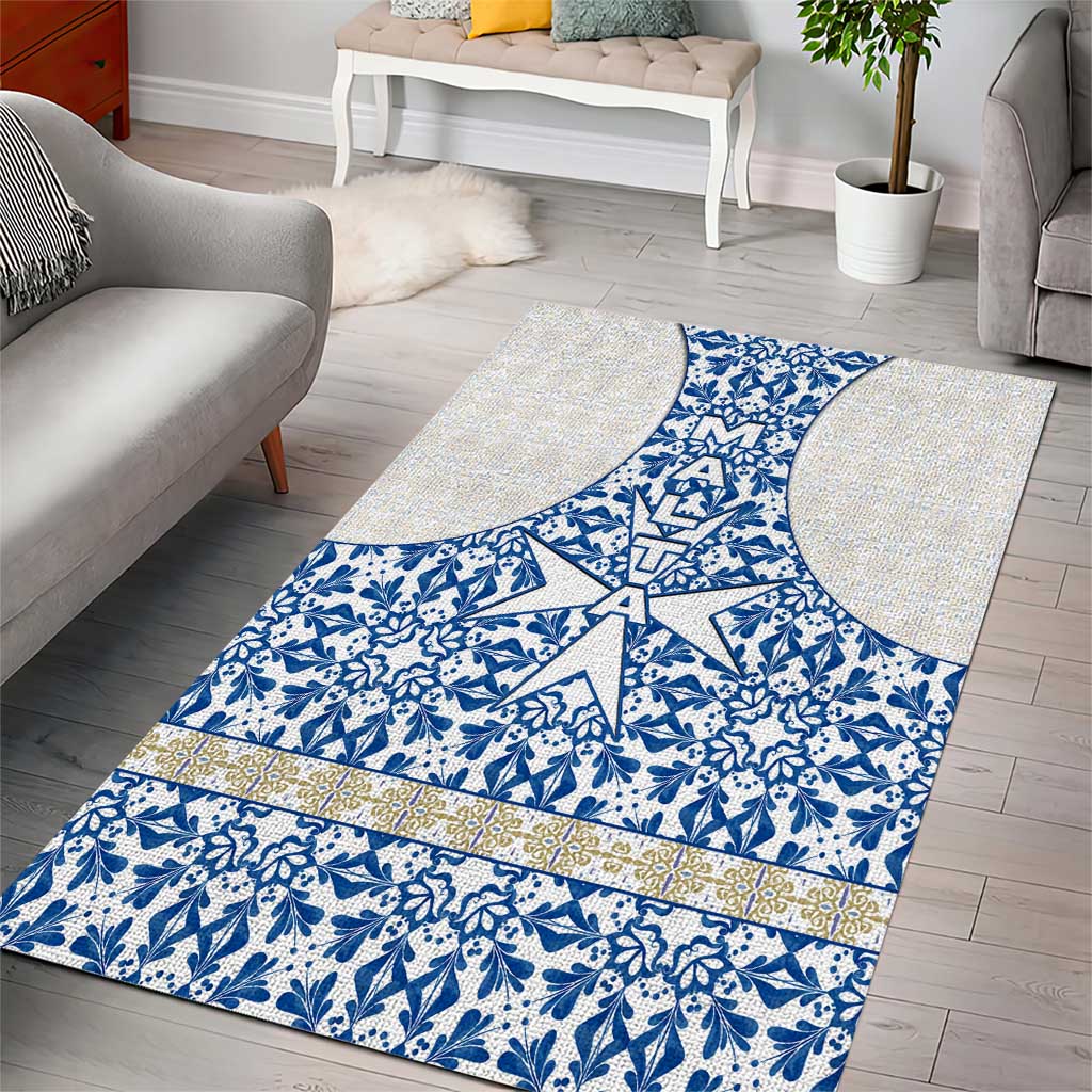 Malta Area Rug with Blue White Tile Design and Maltese Cross Pattern - Wonder Print Shop