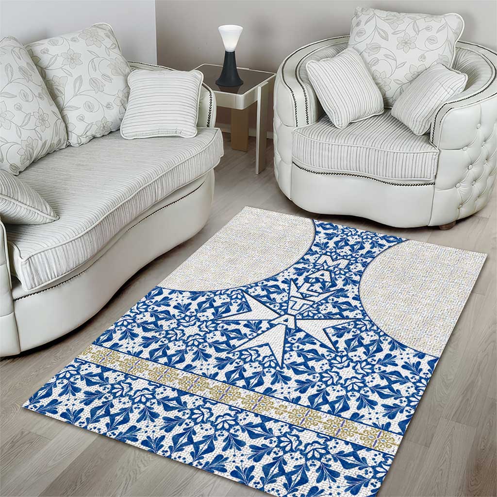 Malta Area Rug with Blue White Tile Design and Maltese Cross Pattern - Wonder Print Shop