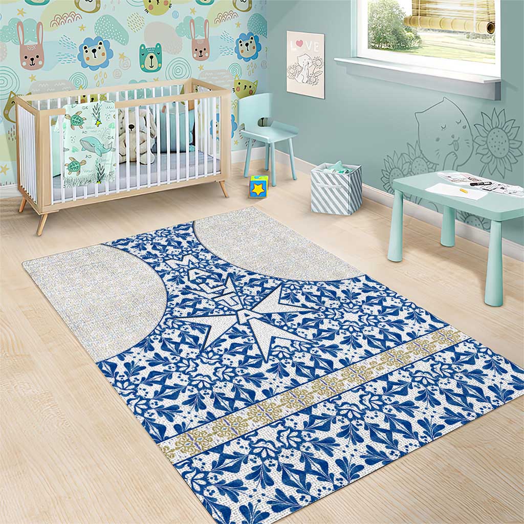 Malta Area Rug with Blue White Tile Design and Maltese Cross Pattern - Wonder Print Shop