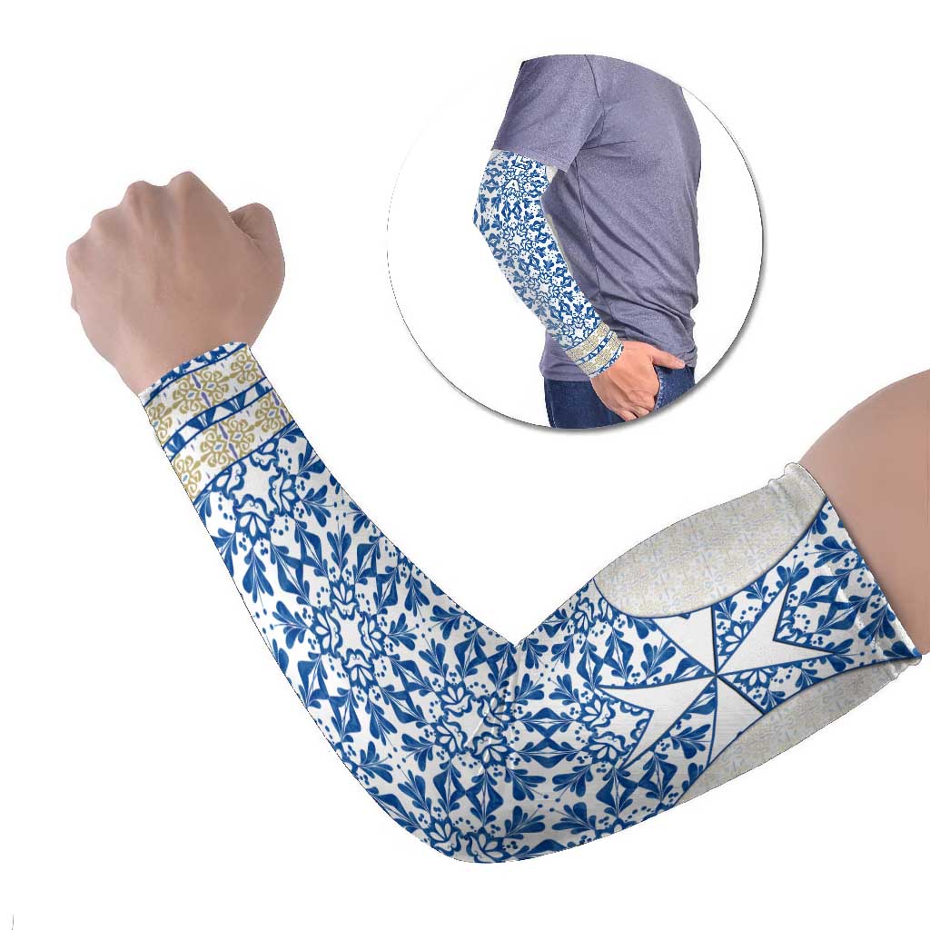 Malta Arm Sleeves with Blue White Tile Design and Maltese Cross Pattern - Wonder Print Shop
