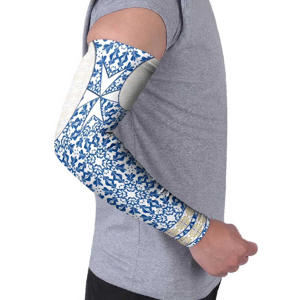 Malta Arm Sleeves with Blue White Tile Design and Maltese Cross Pattern - Wonder Print Shop