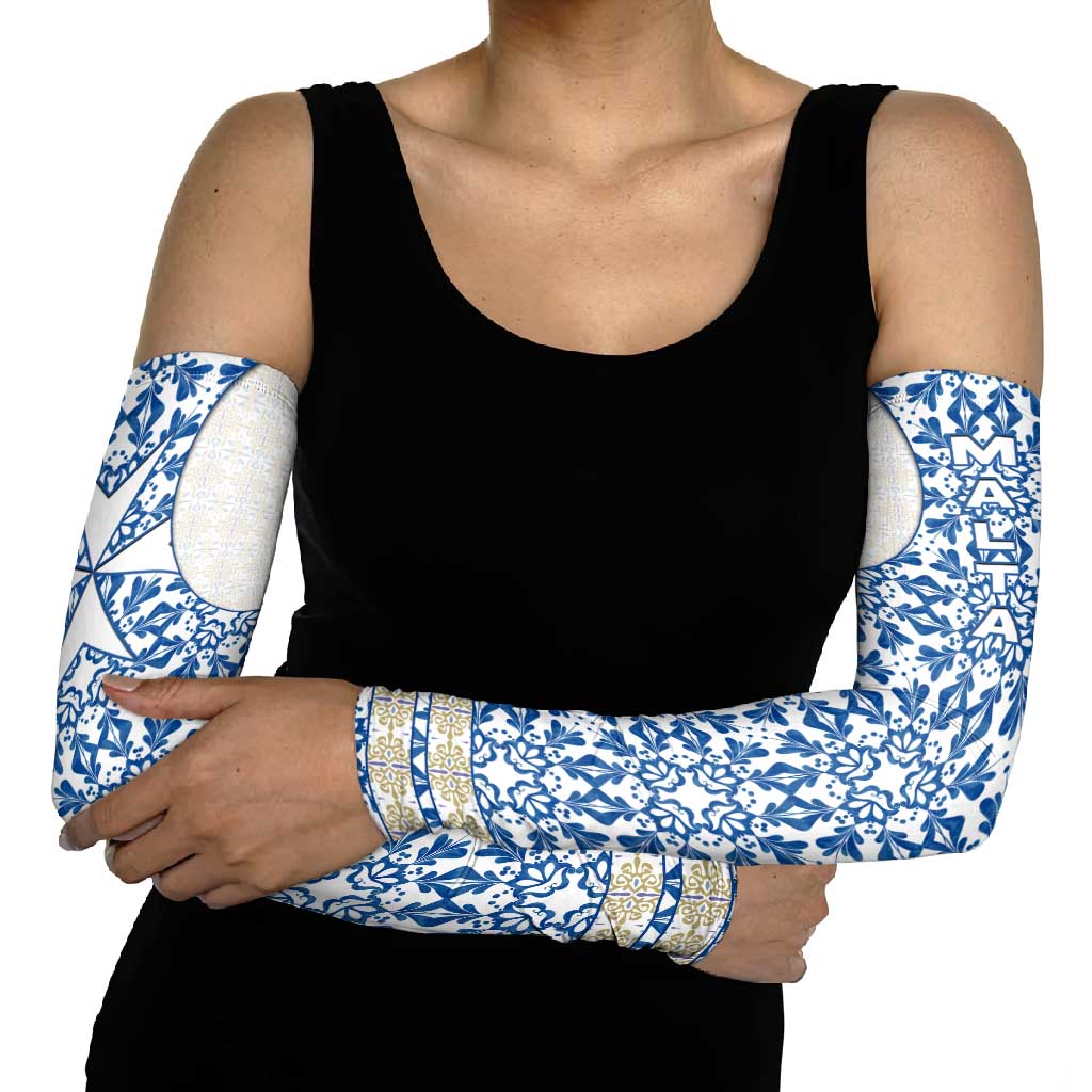 Malta Arm Sleeves with Blue White Tile Design and Maltese Cross Pattern - Wonder Print Shop