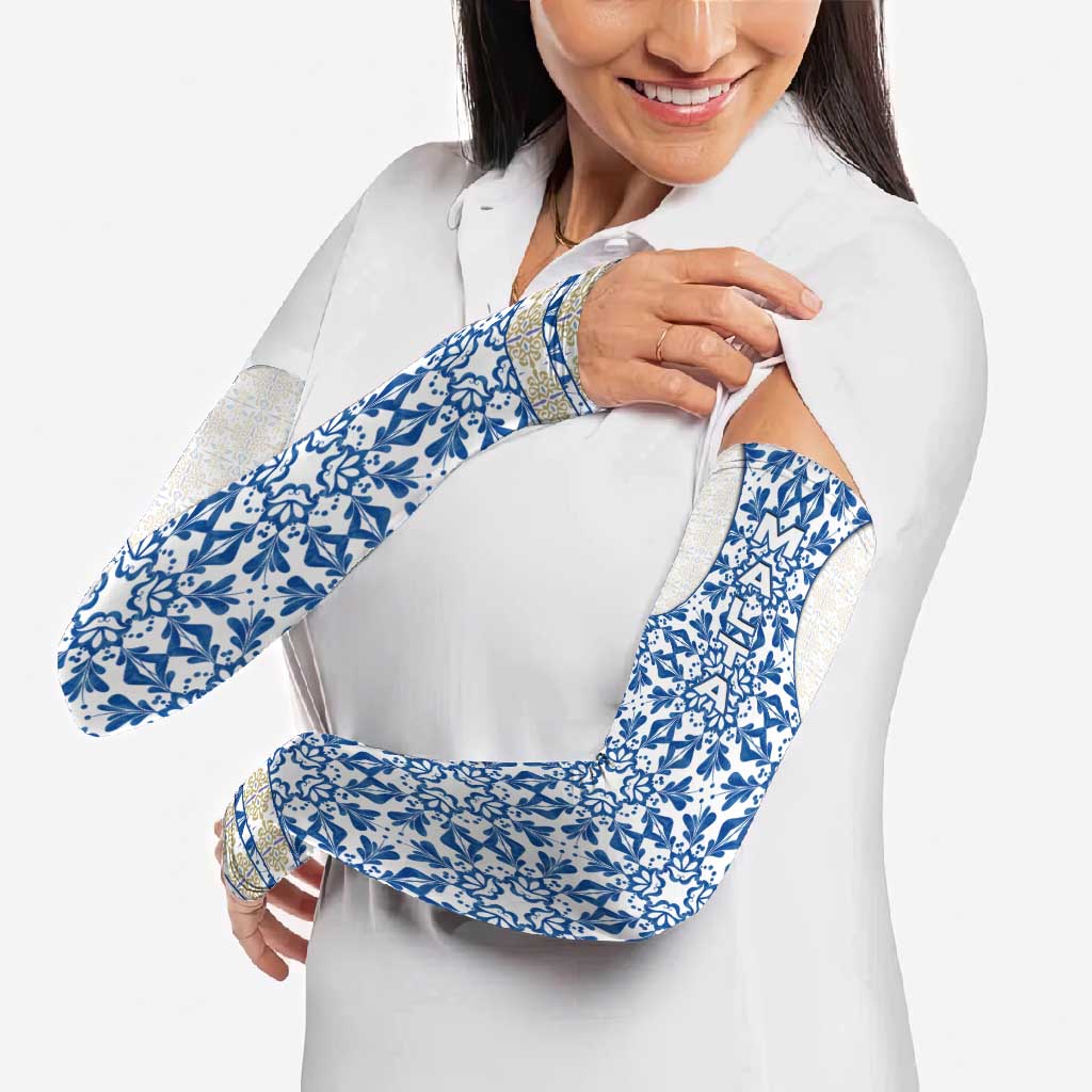Malta Arm Sleeves with Blue White Tile Design and Maltese Cross Pattern - Wonder Print Shop