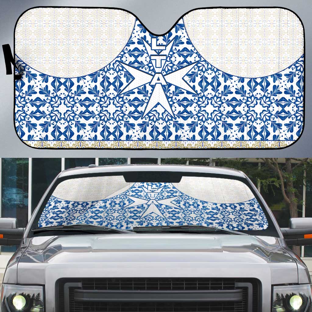 Malta Auto Sun Shade with Blue White Tile Design and Maltese Cross Pattern - Wonder Print Shop