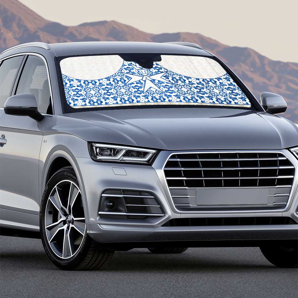 Malta Auto Sun Shade with Blue White Tile Design and Maltese Cross Pattern - Wonder Print Shop