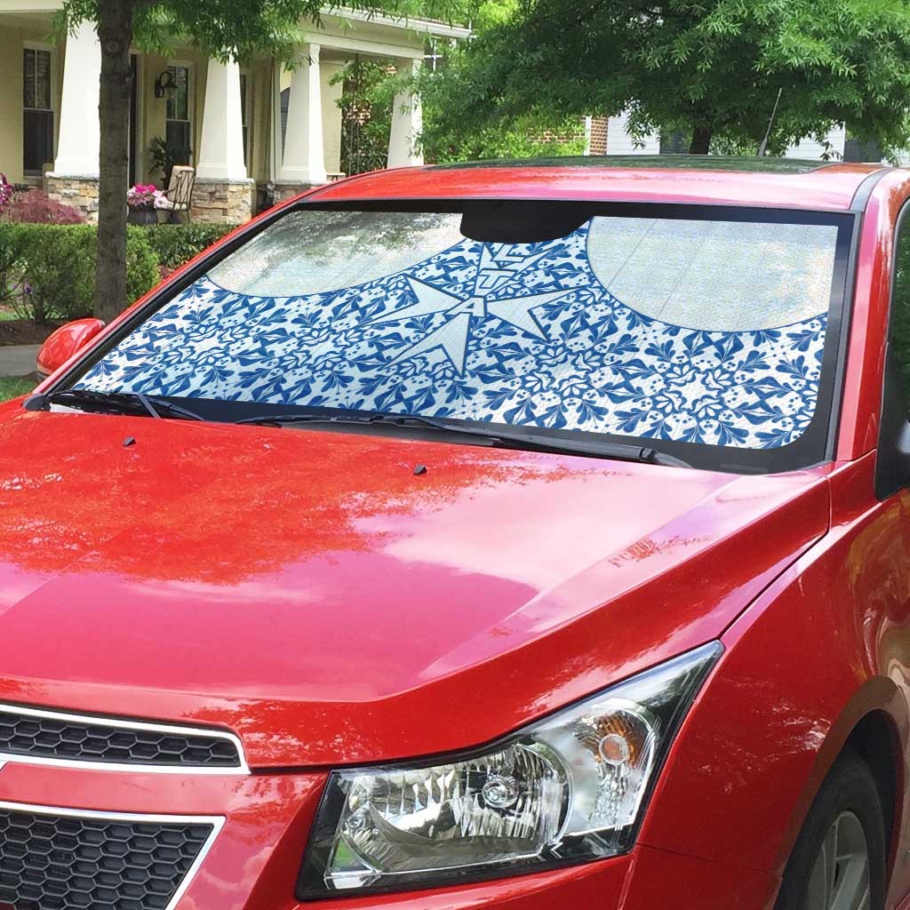 Malta Auto Sun Shade with Blue White Tile Design and Maltese Cross Pattern - Wonder Print Shop