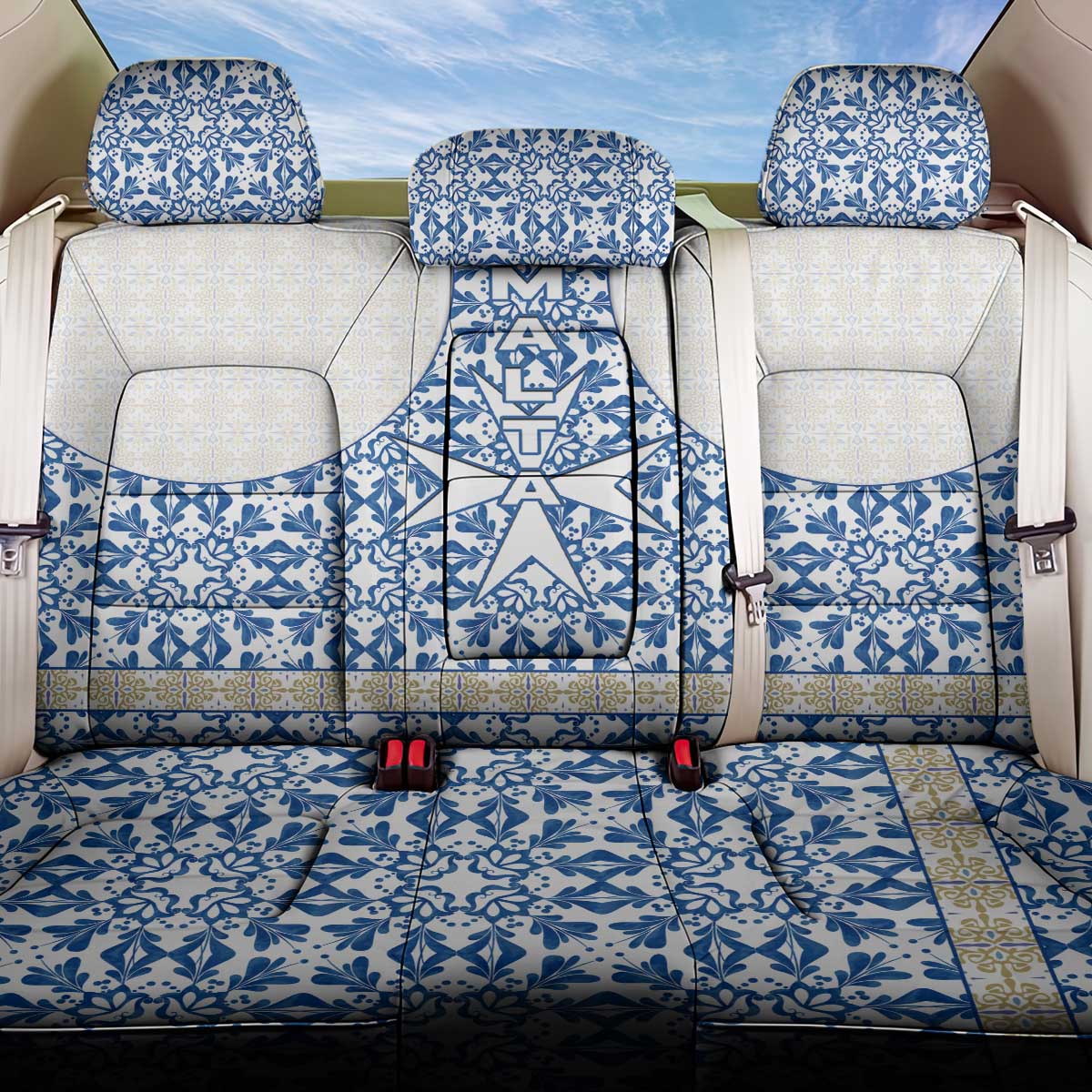 Malta Back Car Seat Cover with Blue White Tile Design and Maltese Cross Pattern - Wonder Print Shop