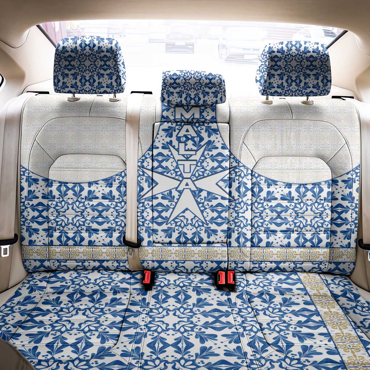 Malta Back Car Seat Cover with Blue White Tile Design and Maltese Cross Pattern - Wonder Print Shop