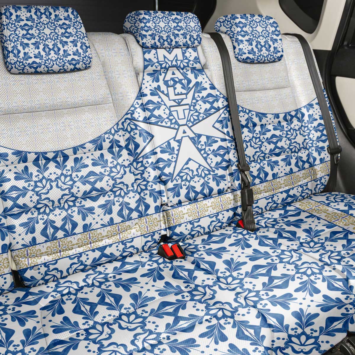 Malta Back Car Seat Cover with Blue White Tile Design and Maltese Cross Pattern - Wonder Print Shop