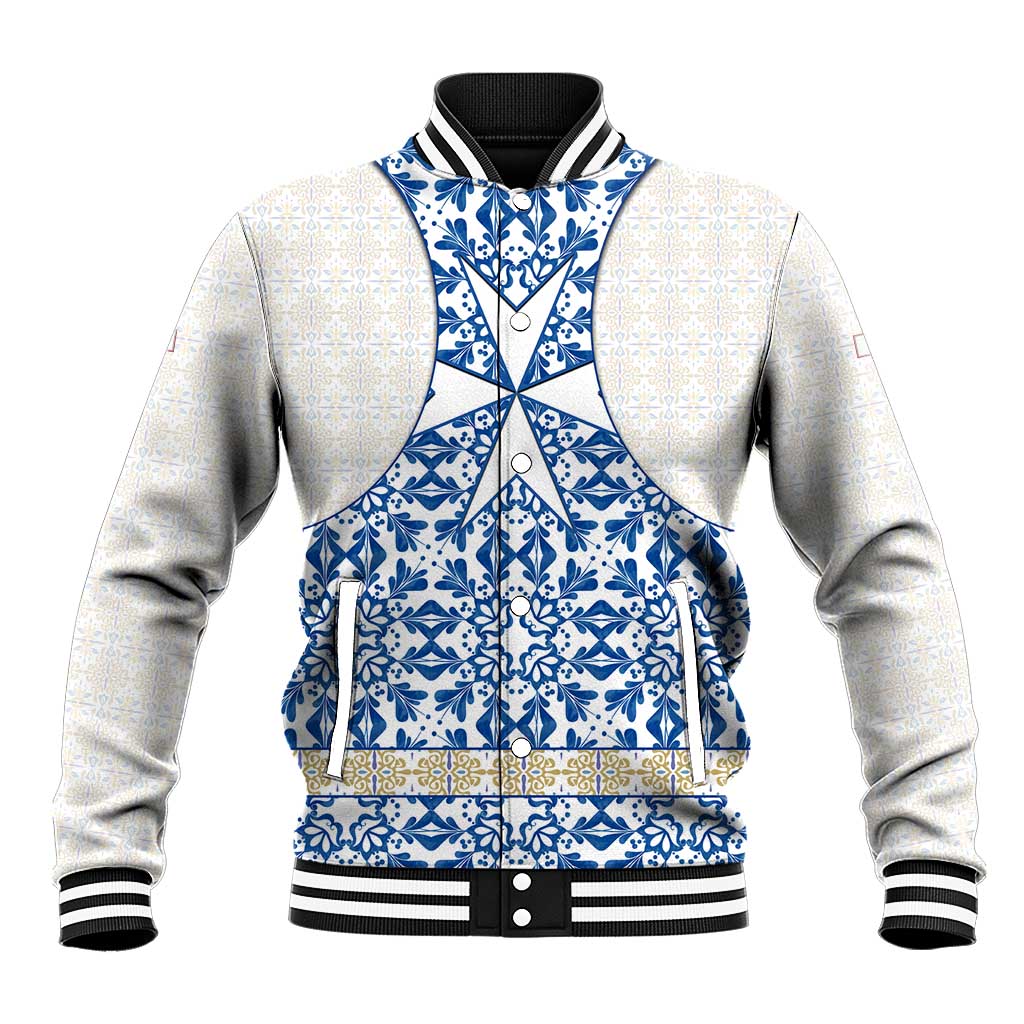 Malta Baseball Jacket with Blue White Tile Design and Maltese Cross Pattern - Wonder Print Shop